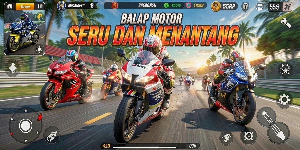 Tampilan gameplay balap motor 55RP yang mendebarkan.