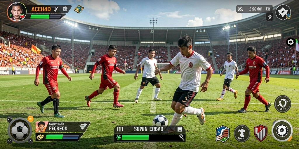 Screenshot gameplay ACEH4D menampilkan aksi seru di lapangan sepak bola.