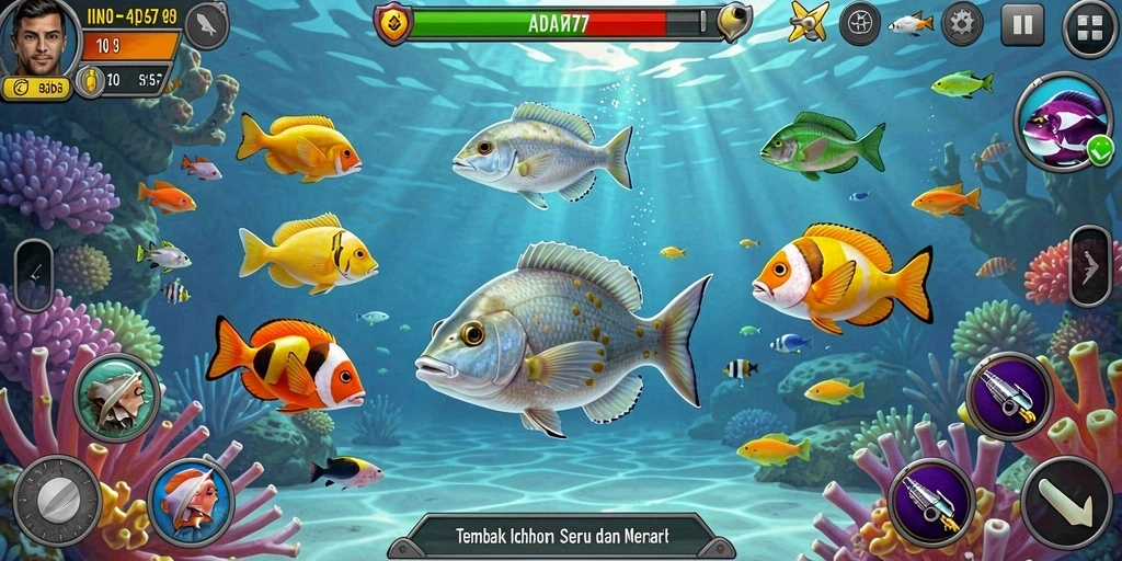 Screenshot gameplay ADAM77 menampilkan aksi menembak ikan yang seru.