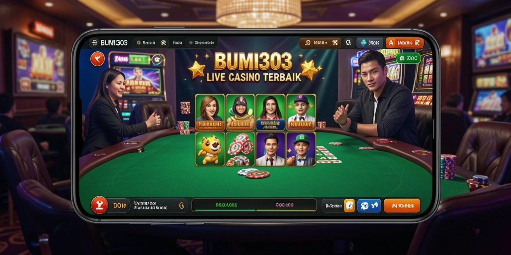 Screenshot gameplay BUMI303 yang menampilkan dealer dan permainan langsung.