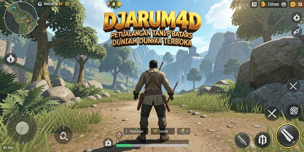 Screenshot gameplay DJIARUM4D menunjukkan petualangan di dunia terbuka yang luas.