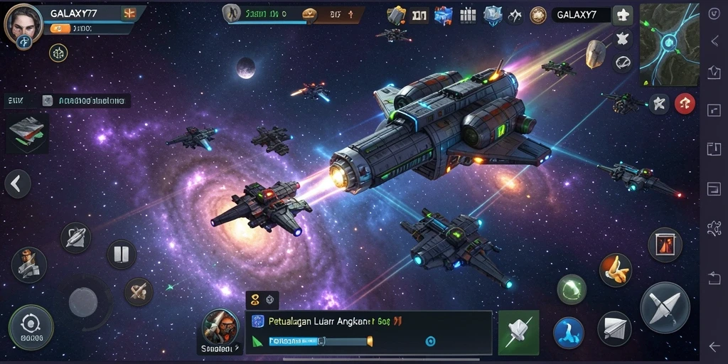 Screenshot utama GALAXY77 menampilkan aksi seru strategi luar angkasa.