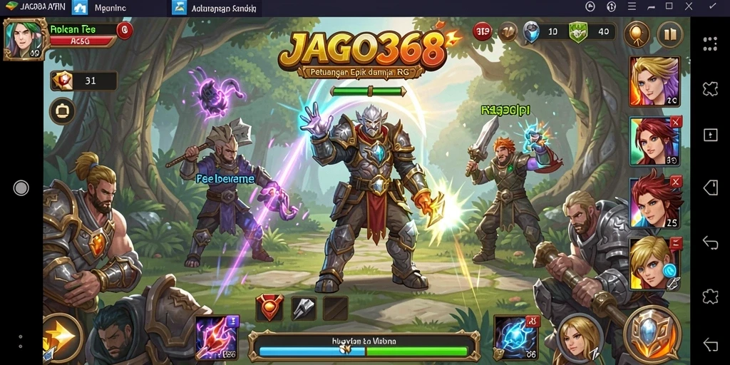 Screenshot JAGO368 menampilkan pertarungan epik dengan karakter dan monster yang fantastis.