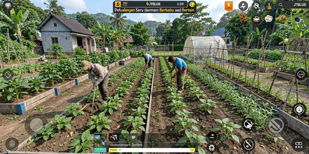 Gameplay JTBLUE yang seru dan interaktif dengan pertanian yang indah.