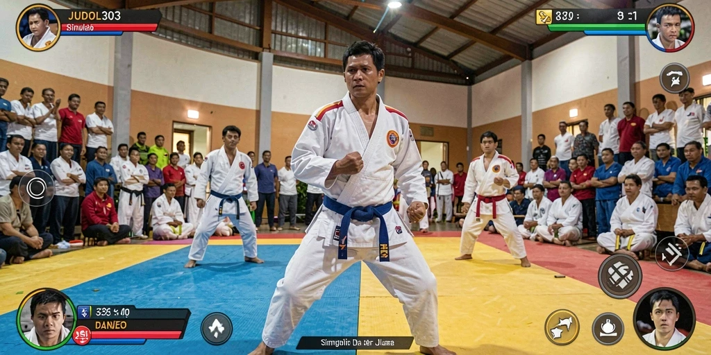 Screenshot menunjukkan aksi seru dari gameplay JUDOL303 di arena judo.