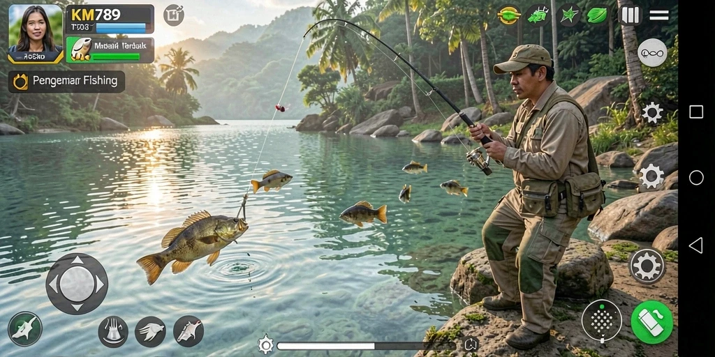 Gameplay KM789 menampilkan aksi seru memancing di lokasi yang indah.
