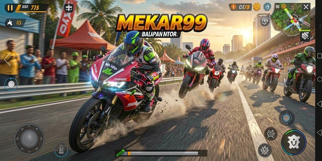Tampilan gameplay balapan motor yang mendebarkan di MEKAR99.