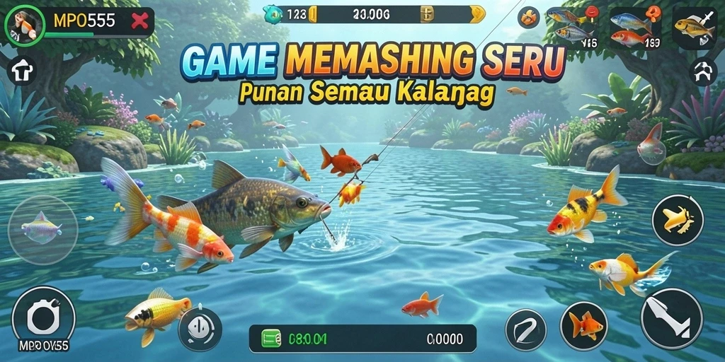Gameplay menarik dengan berbagai ikan dan lokasi memancing.