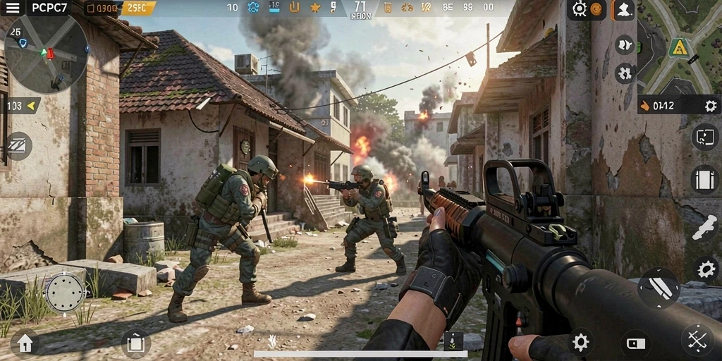 Screenshot gameplay PCPC7 yang menunjukkan aksi tembak-menembak seru.