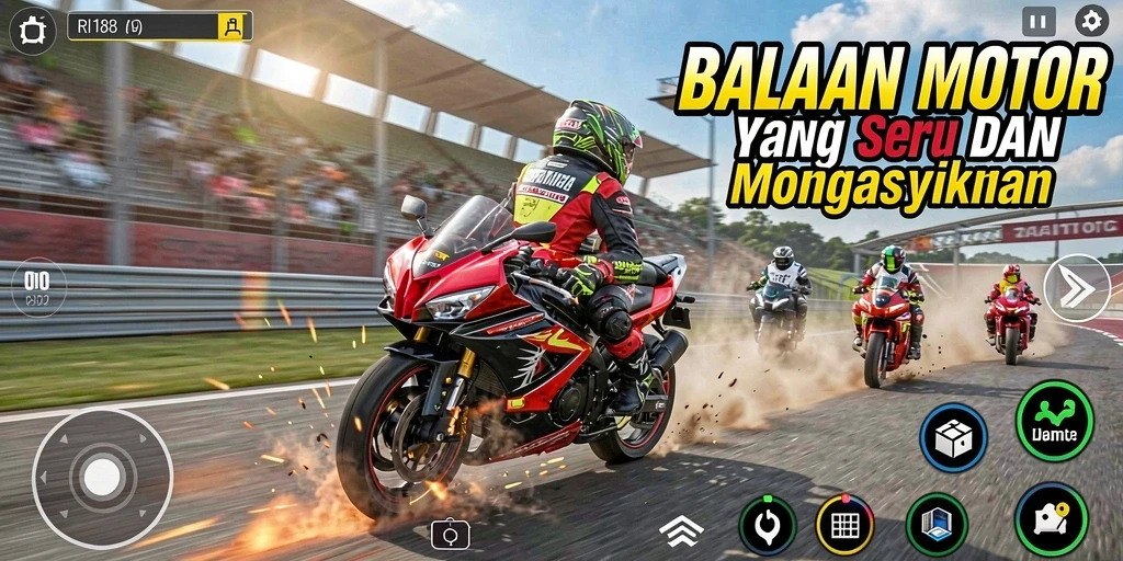 Screenshot utama menunjukkan aksi balapan motor yang mendebarkan.