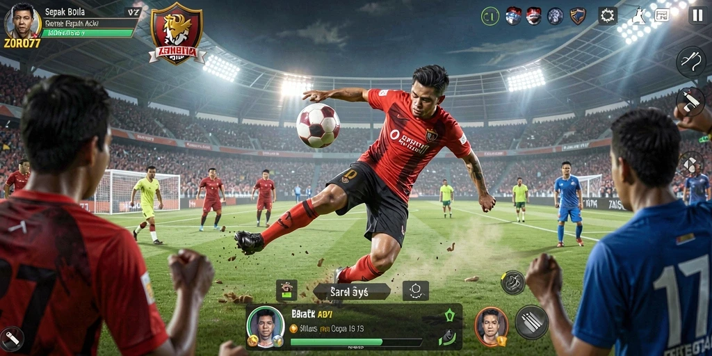 Screenshot gameplay ZORO77 yang menunjukkan aksi di lapangan sepak bola.
